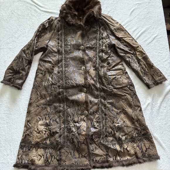 Vintage Talenti Italy Shearling Coat Brown Embossed Leather Fur Trim M-L - Picture 1 of 16